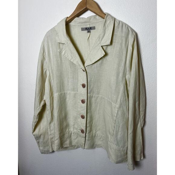 Flax Button Up 100% Linen Shirt Jacket Sz Medium Yellow Lightweight Langenlook - Picture 3 of 8